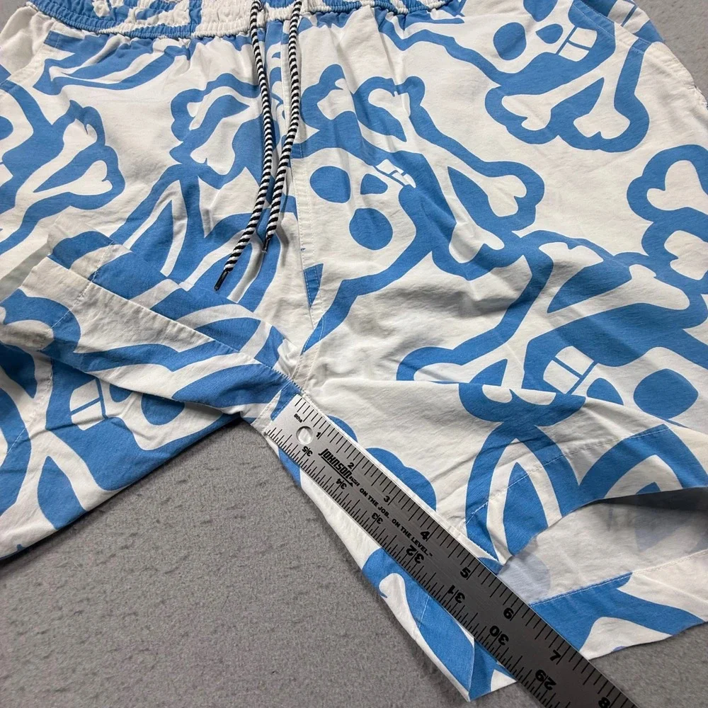 Psycho Bunny Mens Swim Trunks Blue White Skull Bunny Graphic Shorts Large